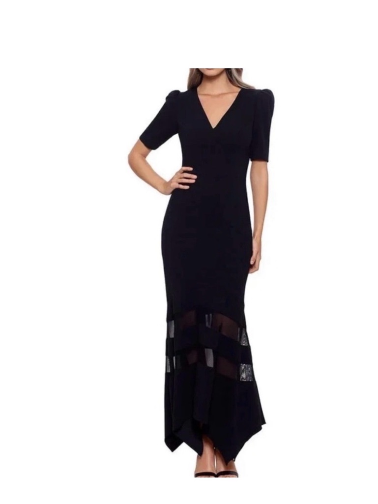 Nwt Xscape Black Maxi Dress With V-Neck And Puff Shoulders And Sheer Panels